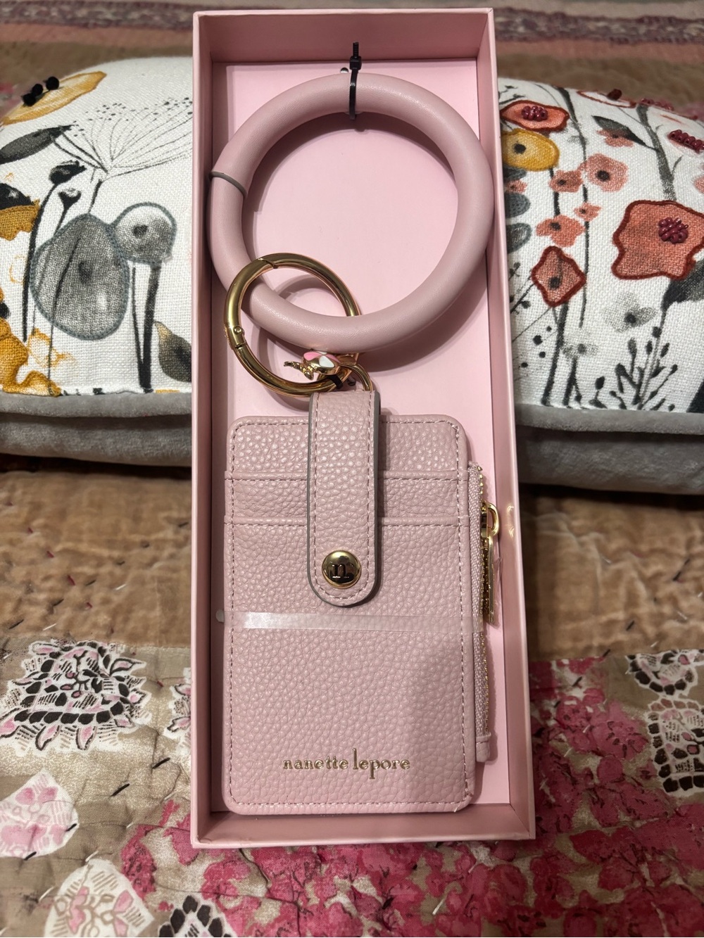 Nanette Lepore Blush Pink Pebbled Leather Cardholder Keyring with Bangle
